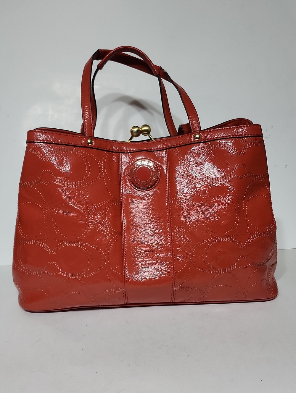 Coach Y2K Orange Patent Leather Signature Stitch Kiss Lock Shoulder Tote Bag